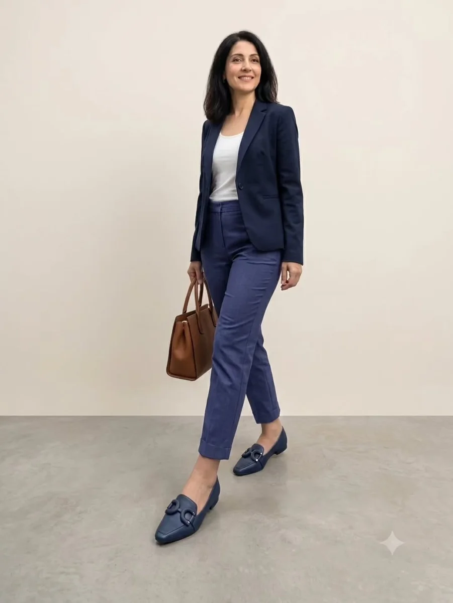 Navy Blazer, White Tee, and Buckle Loafers on a petite woman