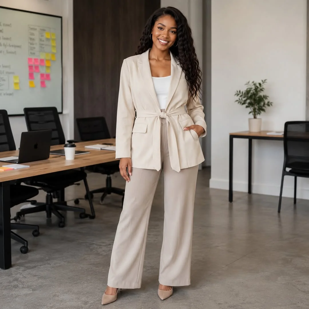 Belted Beige Blazer Suit, the Easiest Formula Here on a petite woman