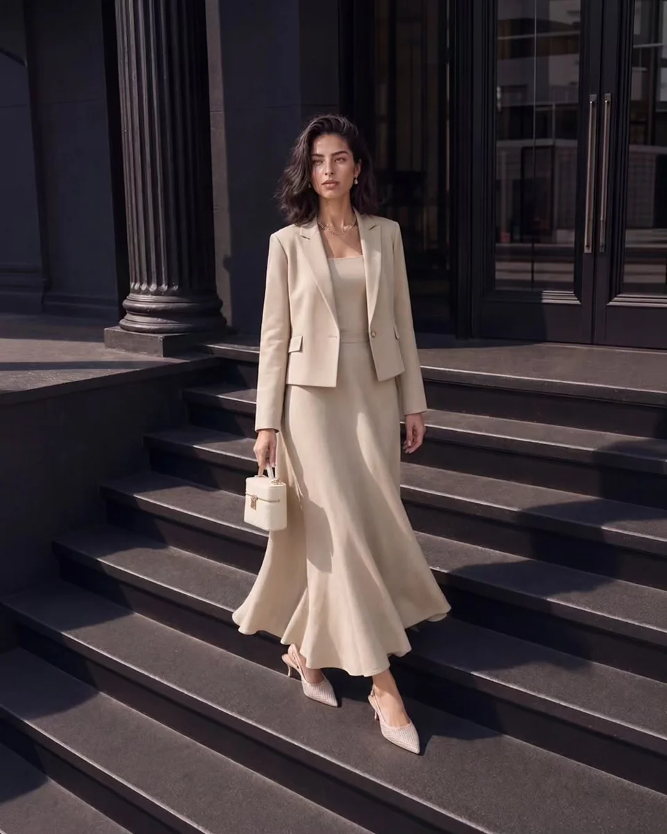 Cropped Blazer Over a Satin Midi Dress on a petite woman