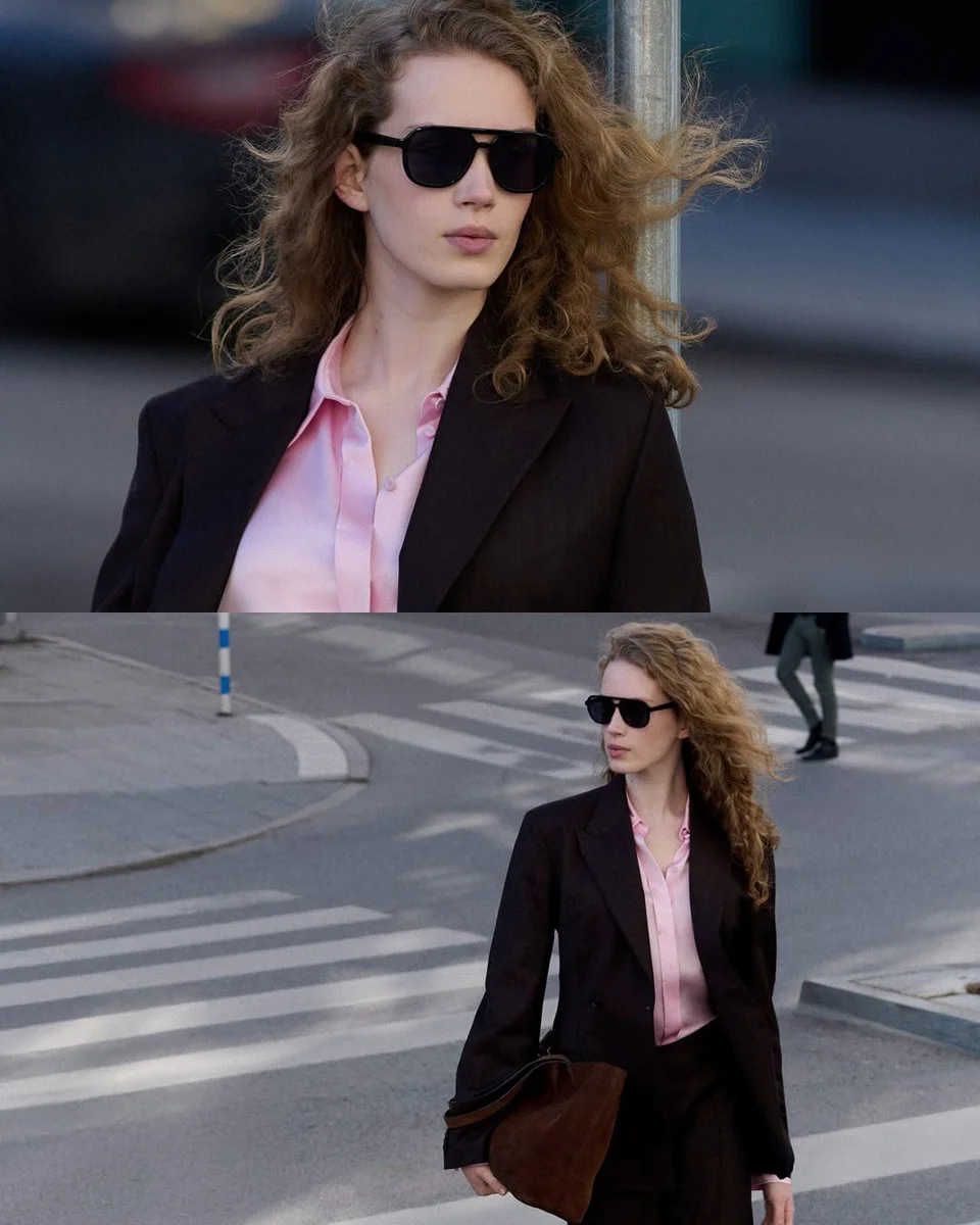 Oversized Blazer With a Pink Satin Shirt on a petite woman