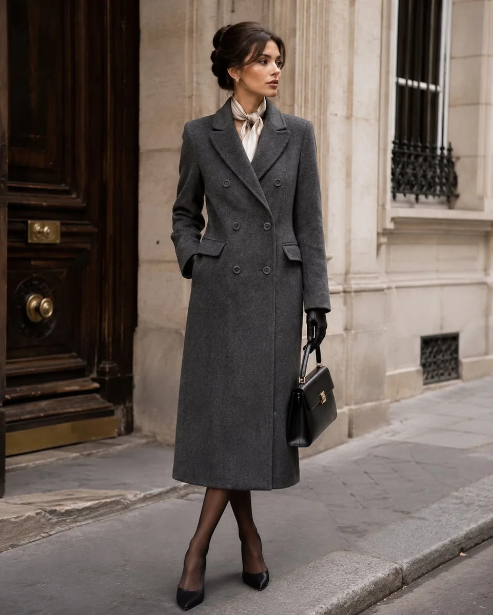 The Long Gray Coat With a Silk Scarf on a petite woman