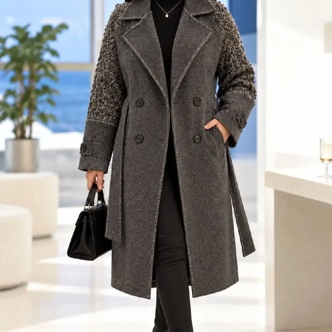 The Belted Gray Wrap Coat on a petite woman