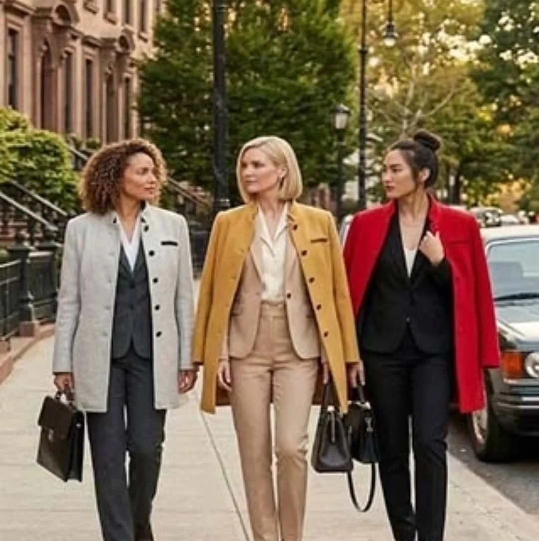 Coat-Over-Suit Uniform, a Winter Work Outfit for Petite Women on a petite woman