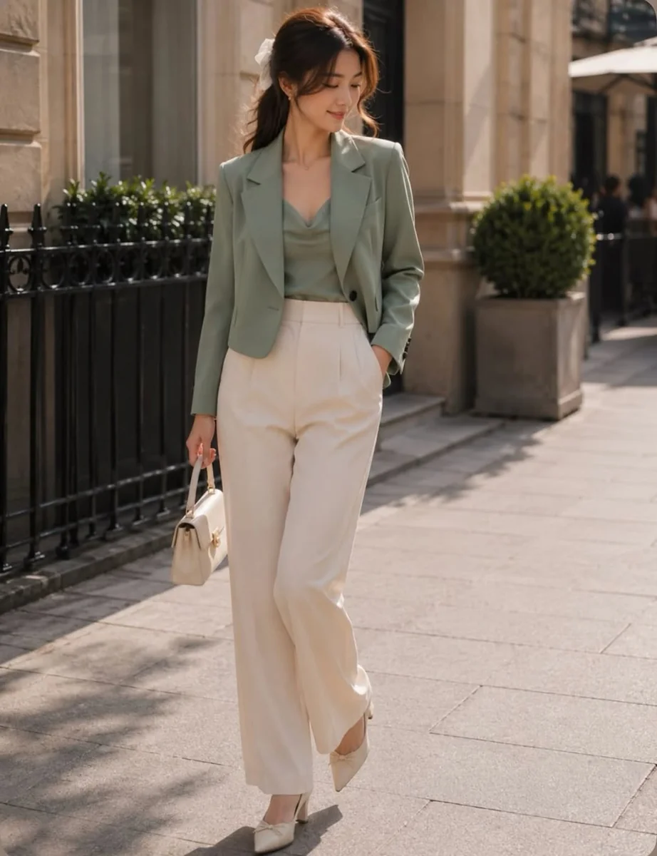 Sage Cropped Blazer With Cream Wide-Leg Trousers on a petite woman