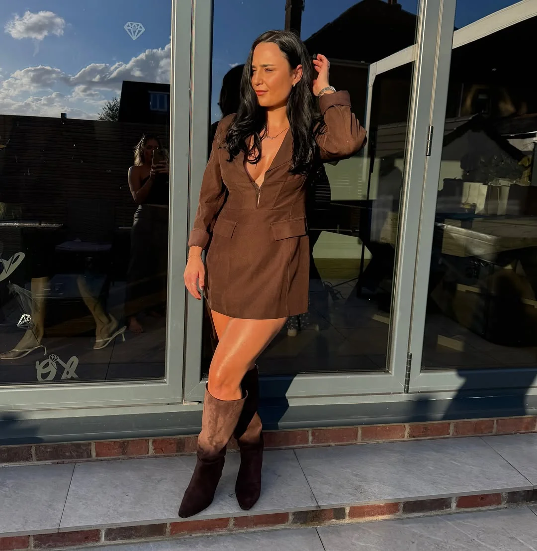 The Blazer Mini That Doubles as a Jacket Dress on a petite woman