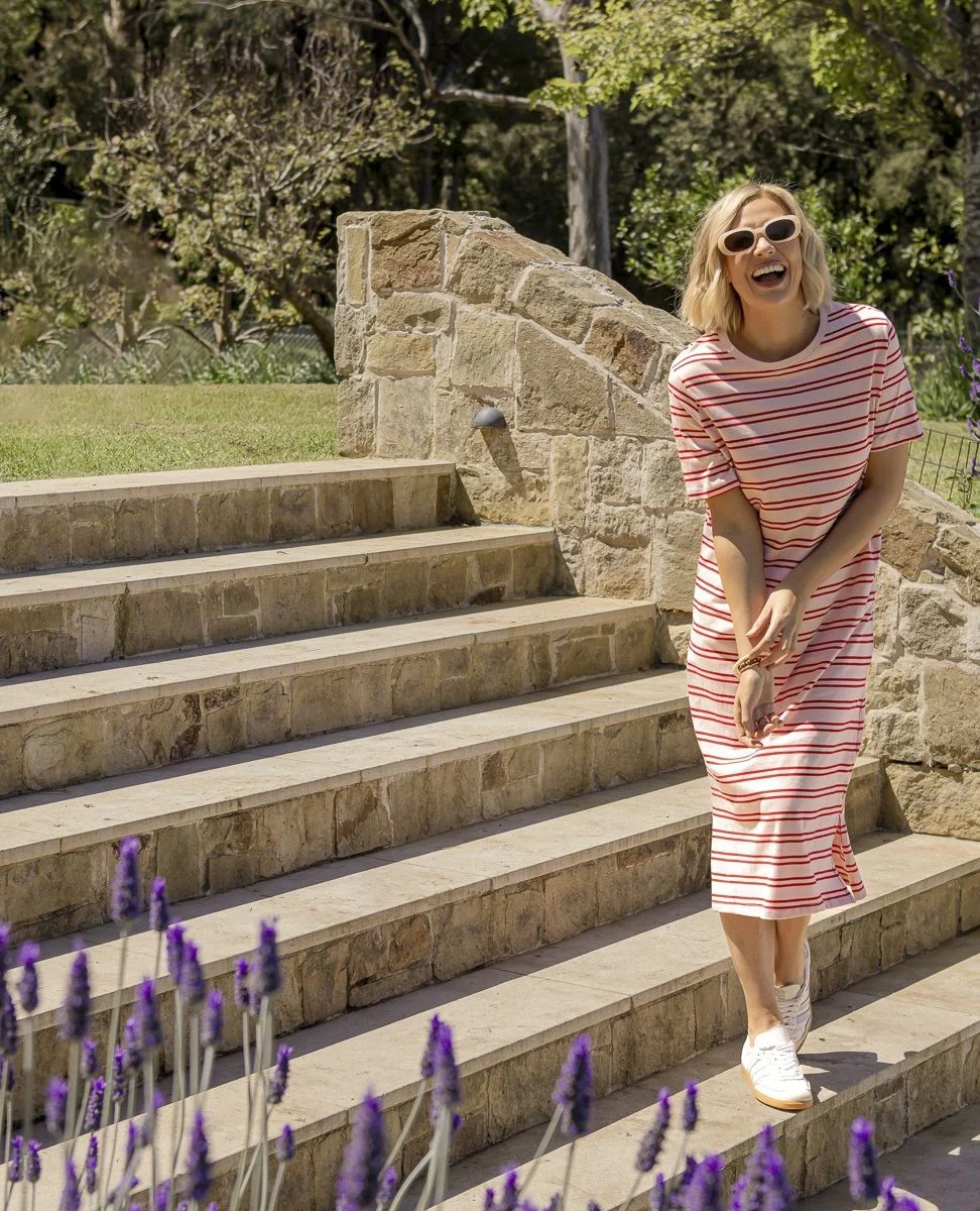 The Striped Knit Midi for Casual Days Out on a petite woman