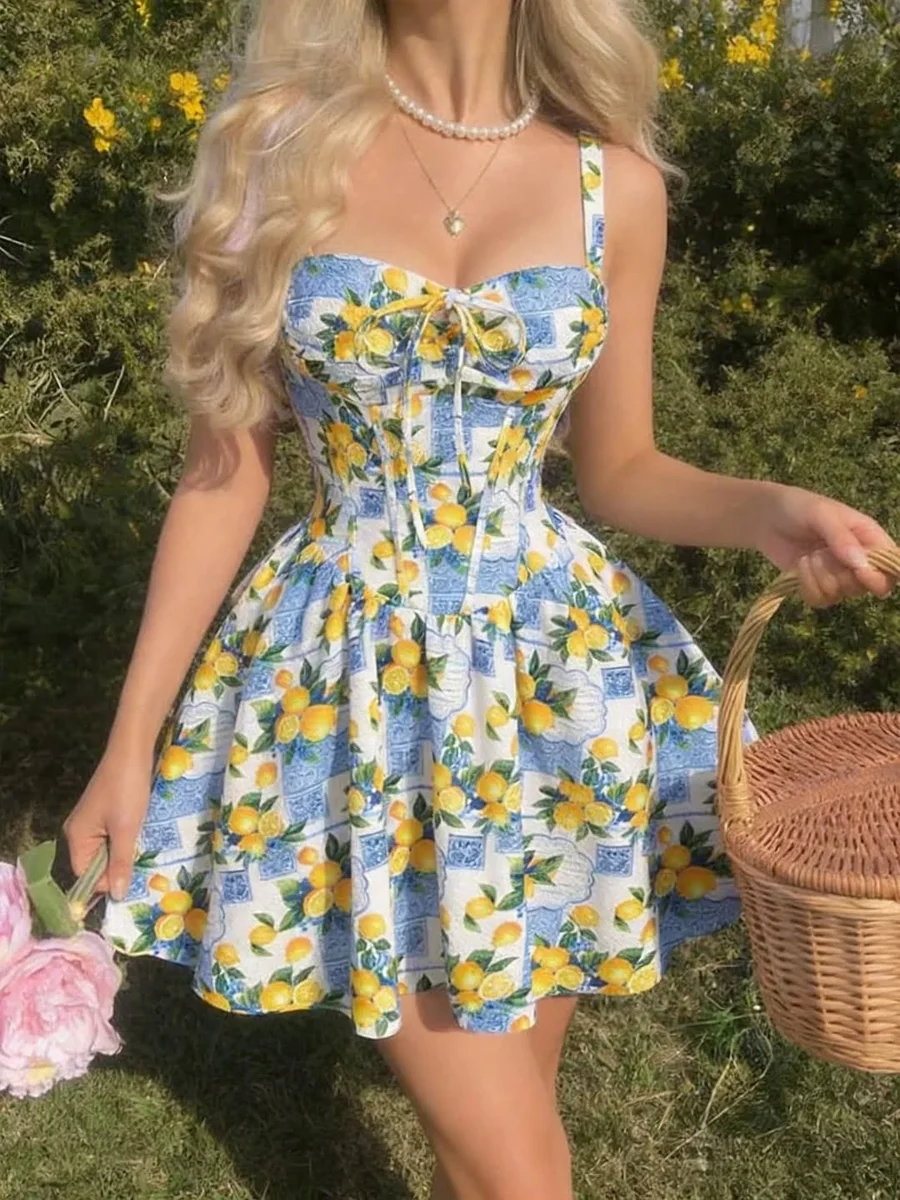 The Bustier-Style Lemon Print Mini for Picnics on a petite woman