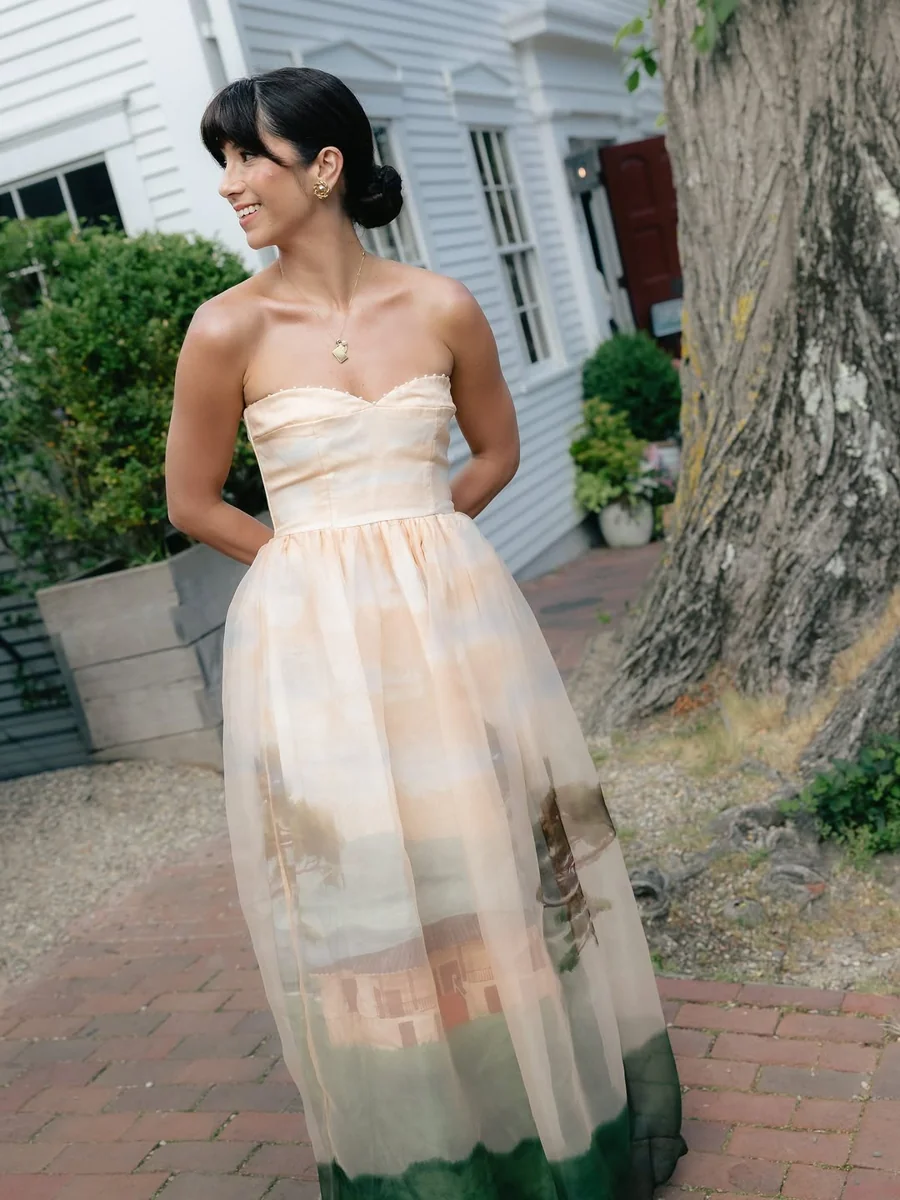 A Pale Gown That Stays on the Guest Side of Bridal on a petite woman