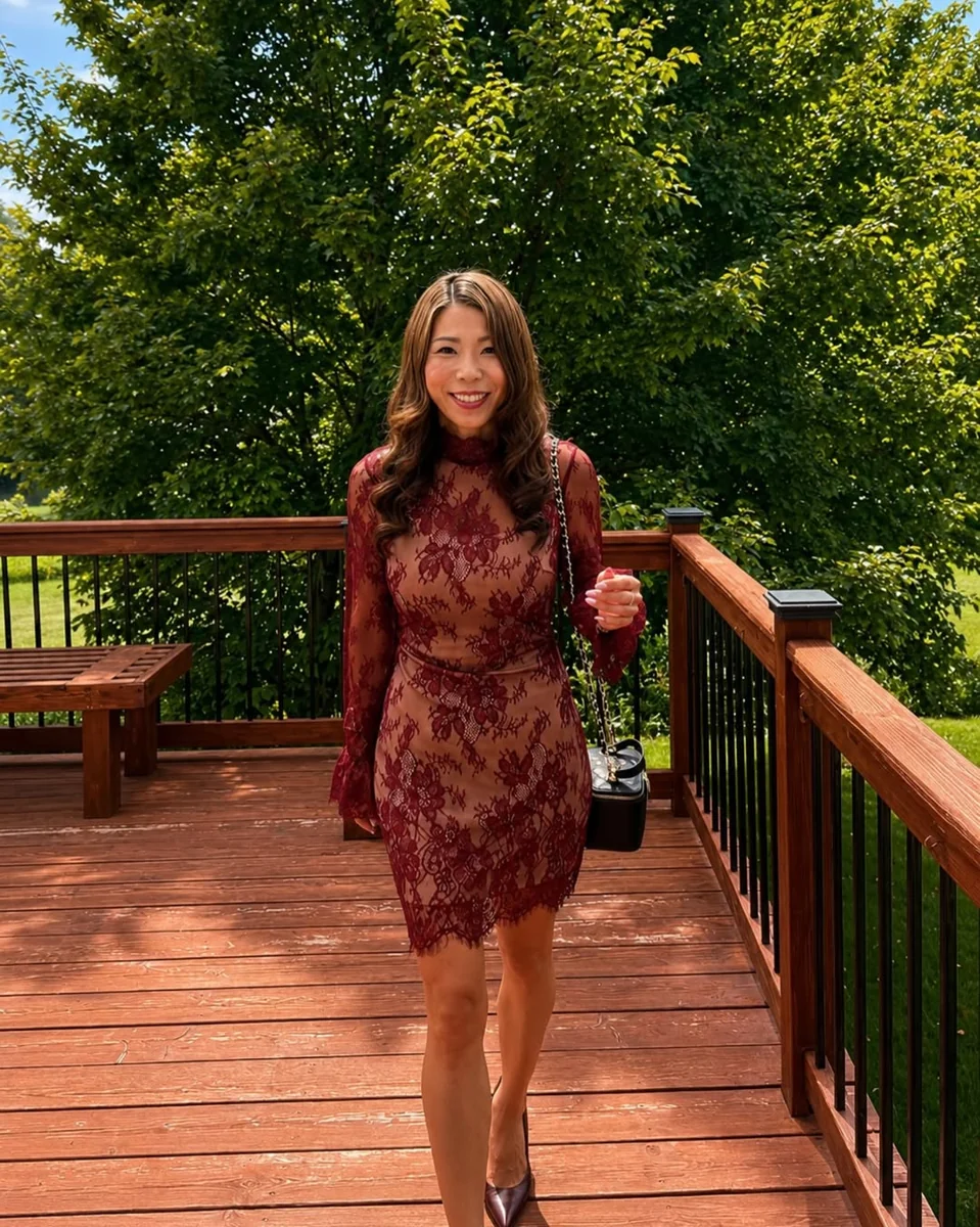 Burgundy Lace After Dark on a petite woman