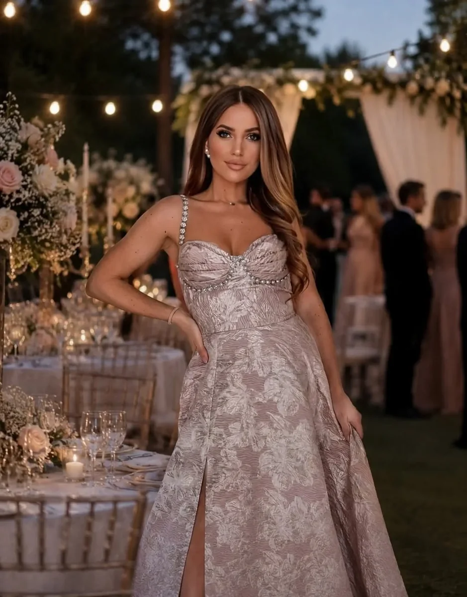 The Beaded Gown With a Walkable Slit on a petite woman