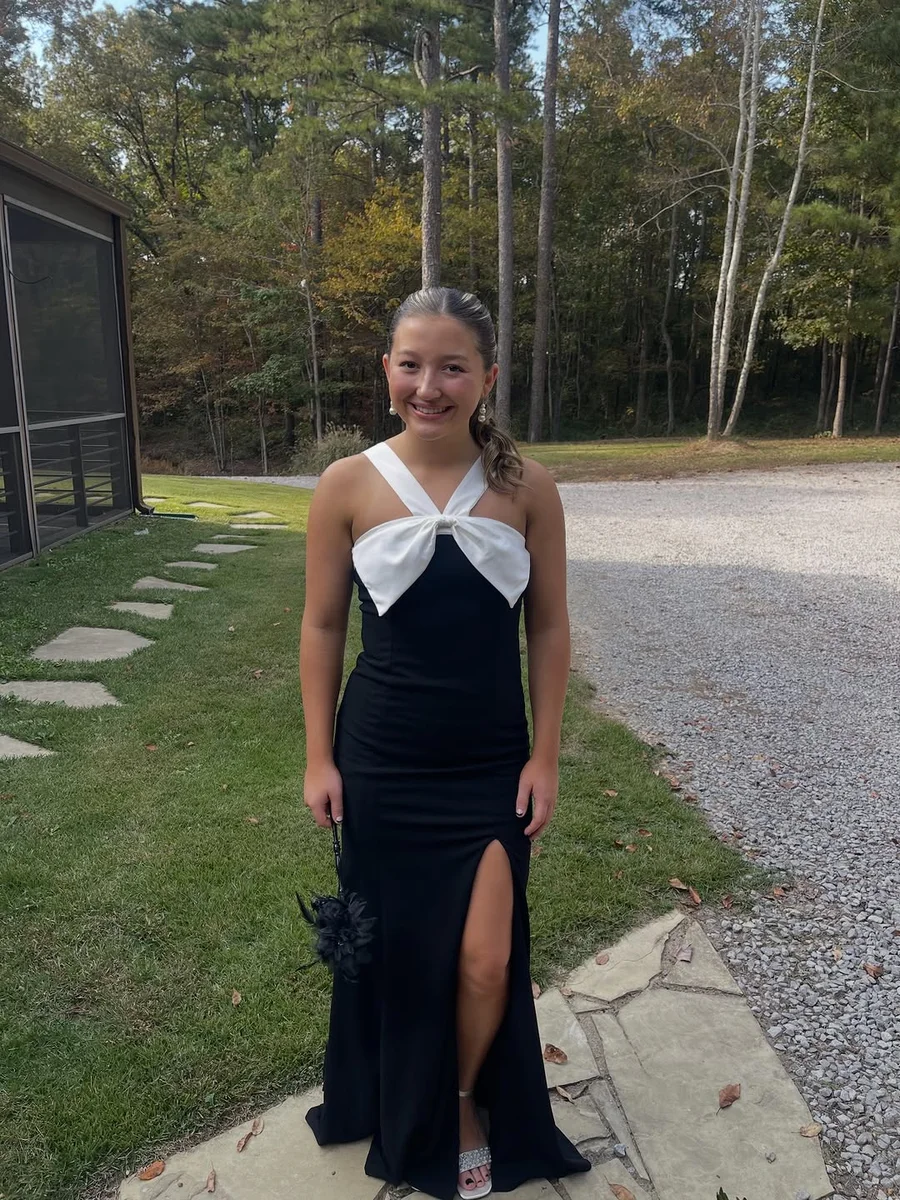 Black Tie in Black, Saved by a White Bow on a petite woman