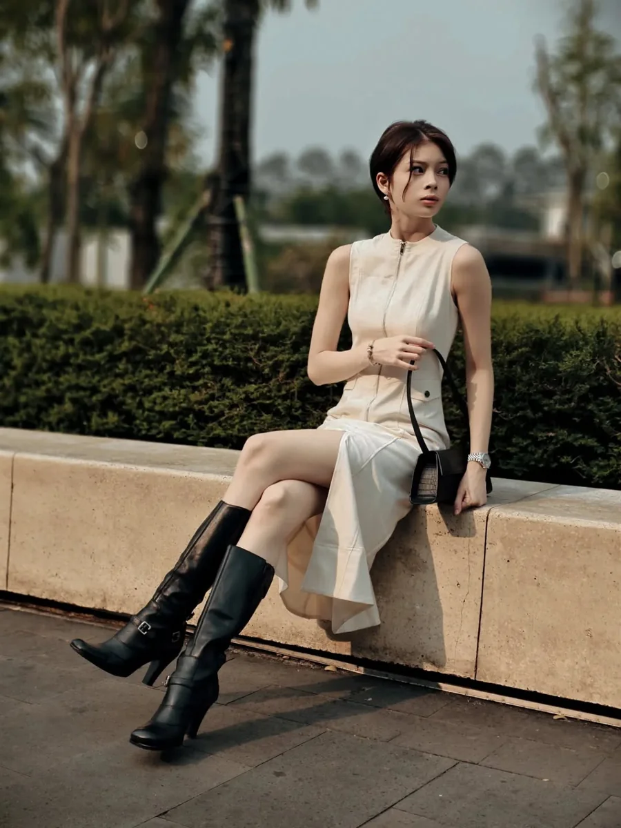 A Zip-Front Midi Dress and the Petite Boot Rule on a petite woman