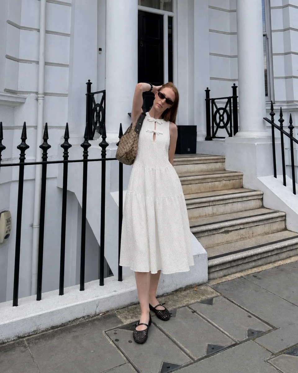 White Midi, Dark Flats, and the Ankle Rule on a petite woman