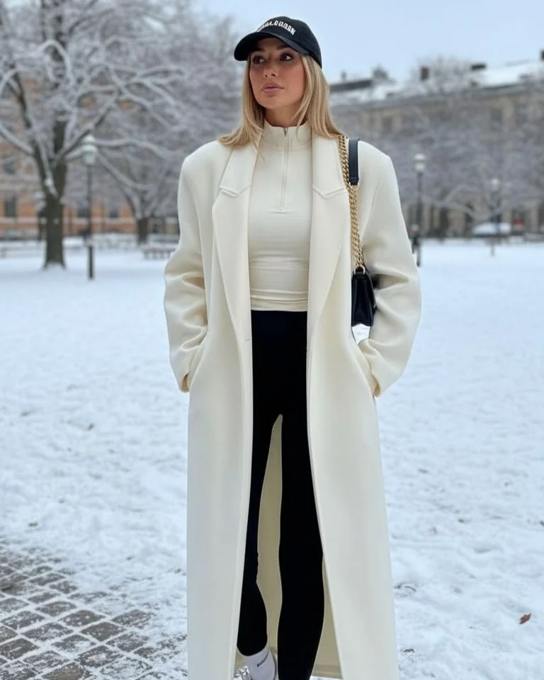 Cream Coat, Black Base, White Sneakers on a petite woman