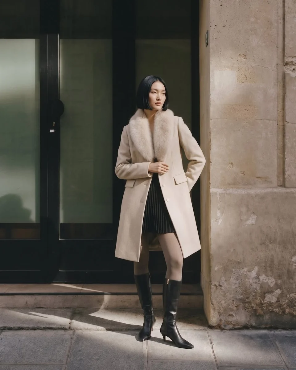 One Long Taupe Coat, Zero Decisions on a petite woman