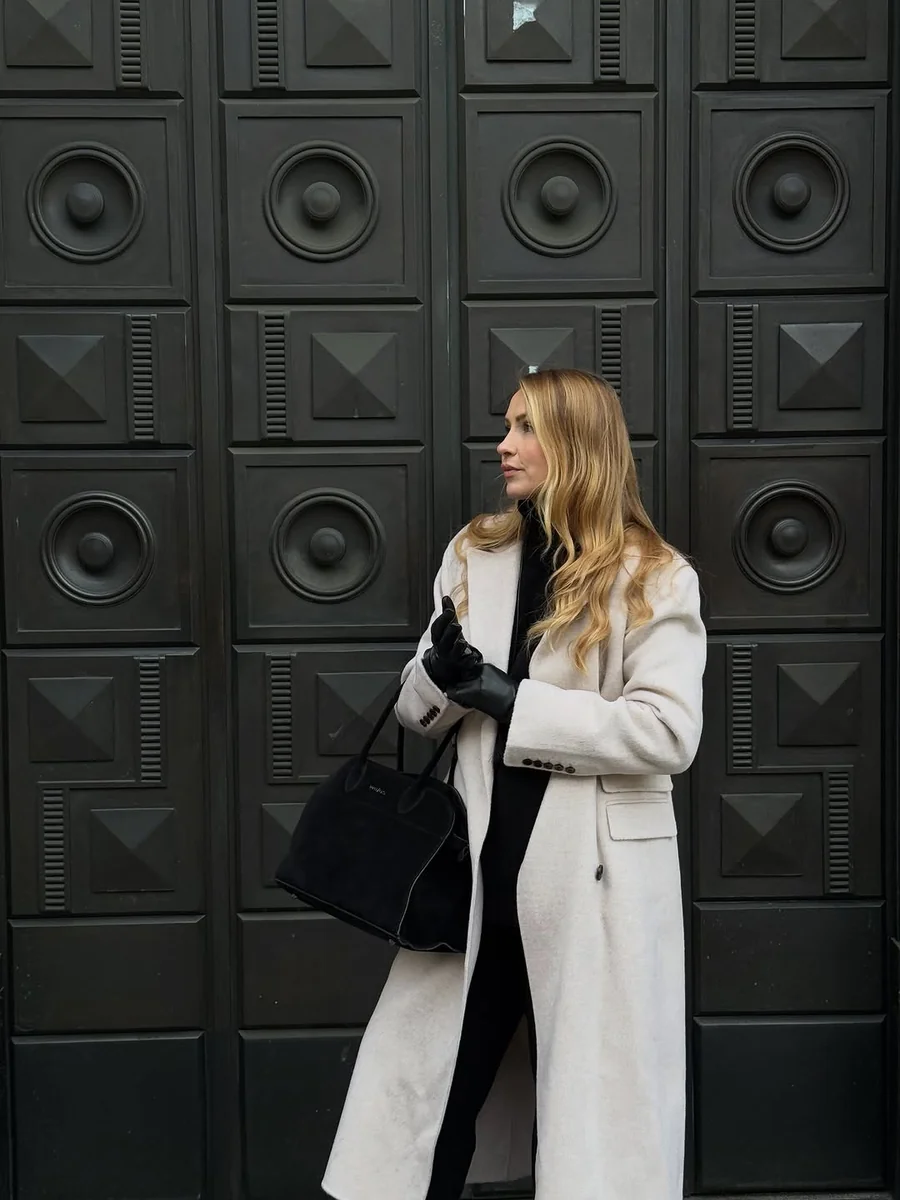 White Coat, Black Gloves: High Contrast, Low Effort on a petite woman