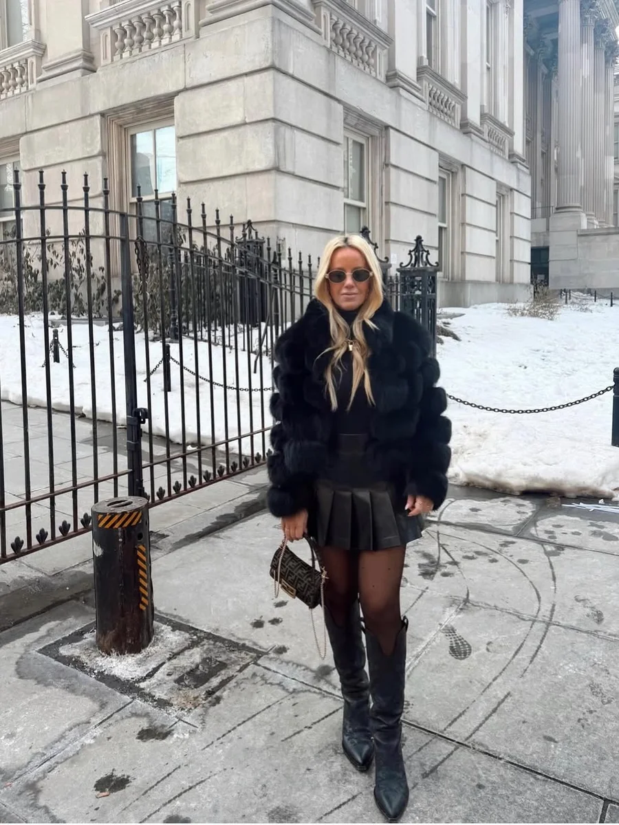 Pleats and Knee Boots: Legs for Days on a petite woman