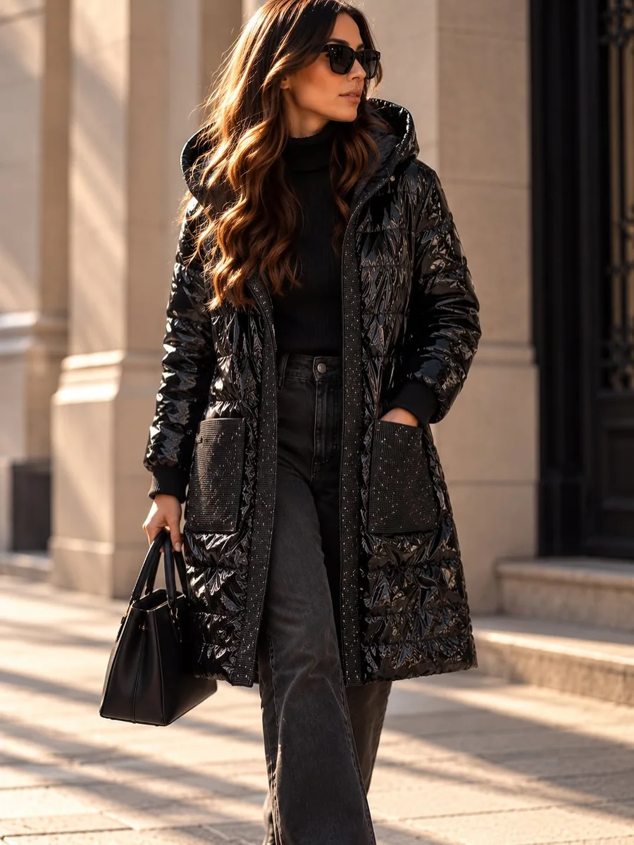 A Quilted Black Coat Goes Everywhere on a petite woman