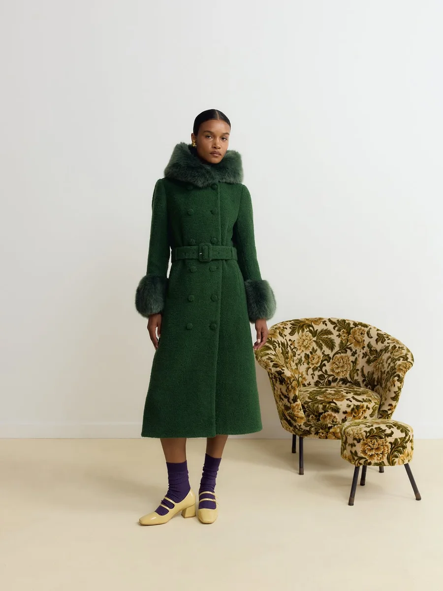 An Emerald Faux Fur Coat for Statement Days on a petite woman