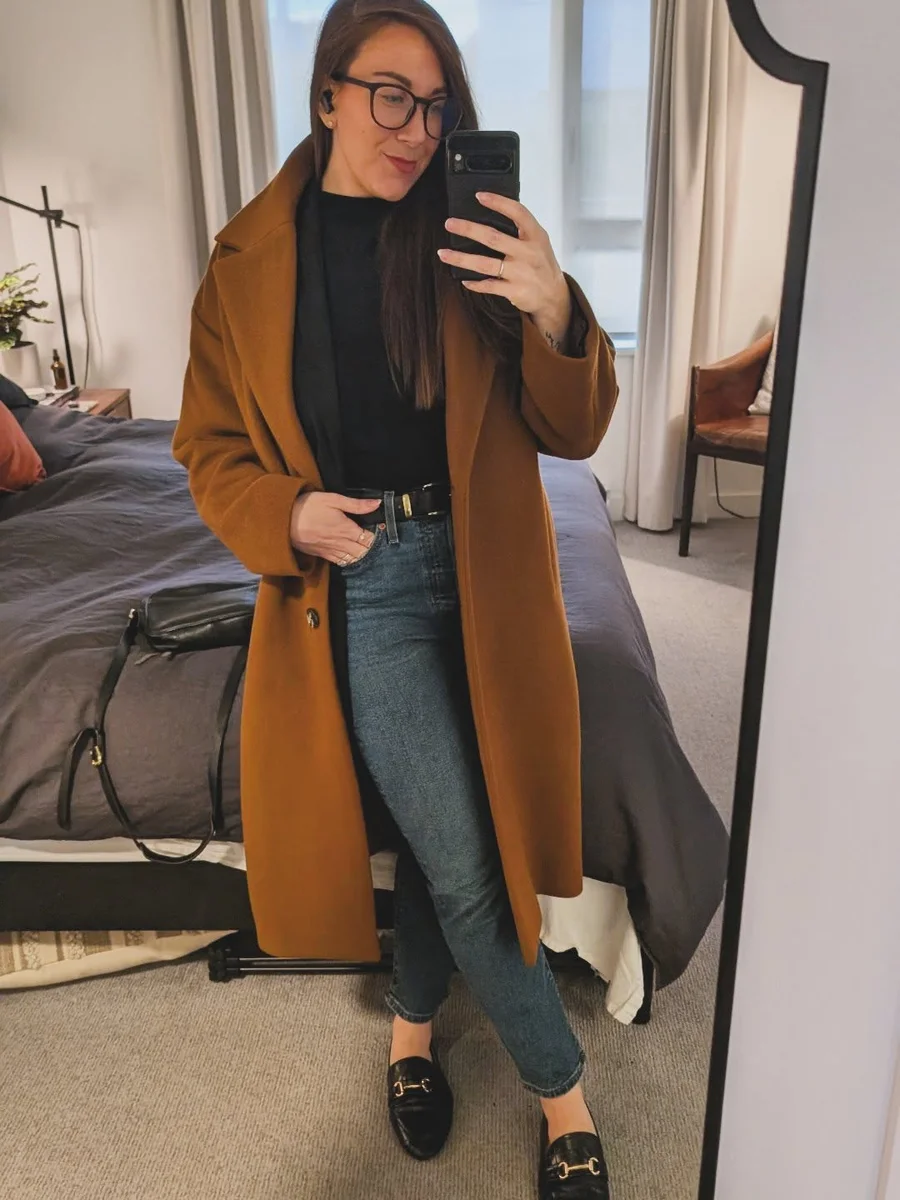 The Rust Coat That Works With the Jeans You Own on a petite woman