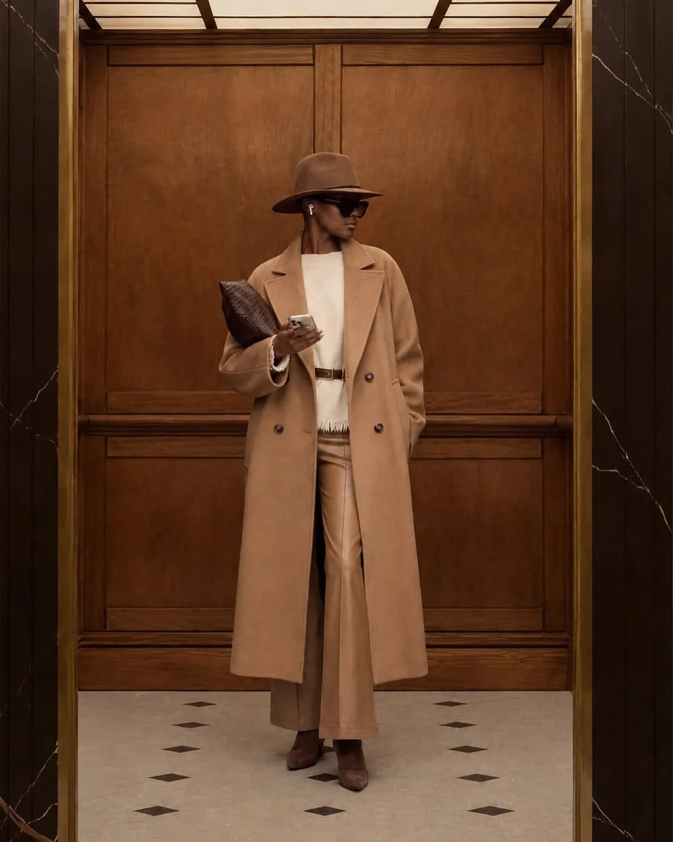 Elevator Polish: Belted Camel With Leather Touches on a petite woman