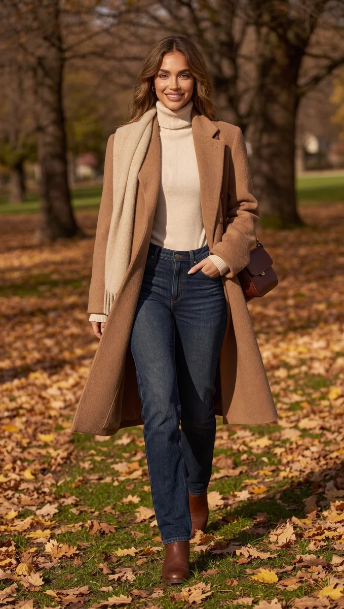 The Everyday Camel Coat for Park Walks and Errands on a petite woman