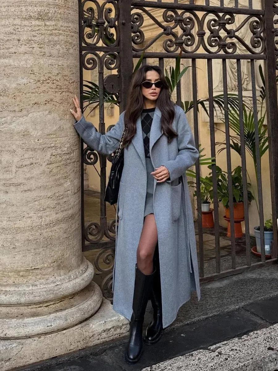 A Dusty Blue Coat for Color Lovers on a petite woman