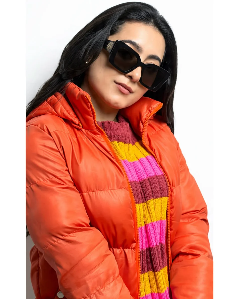 The Orange Puffer, Styled Bright on Purpose on a petite woman