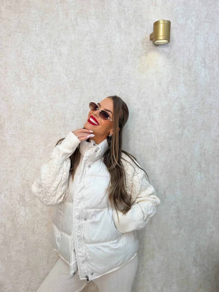 All-White Everything, Puffer Edition on a petite woman
