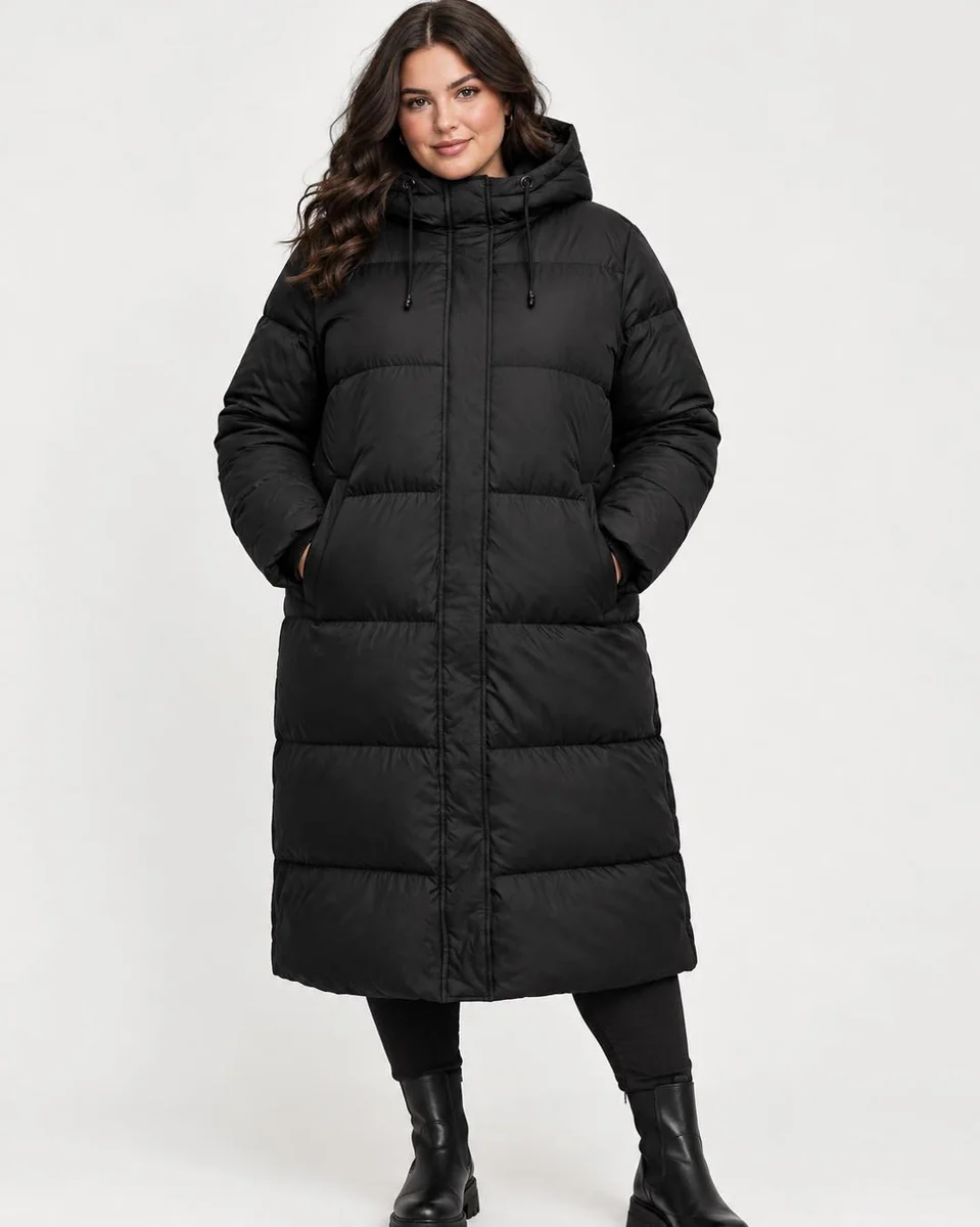Start With One Dark Column: The Long Black Puffer on a petite woman