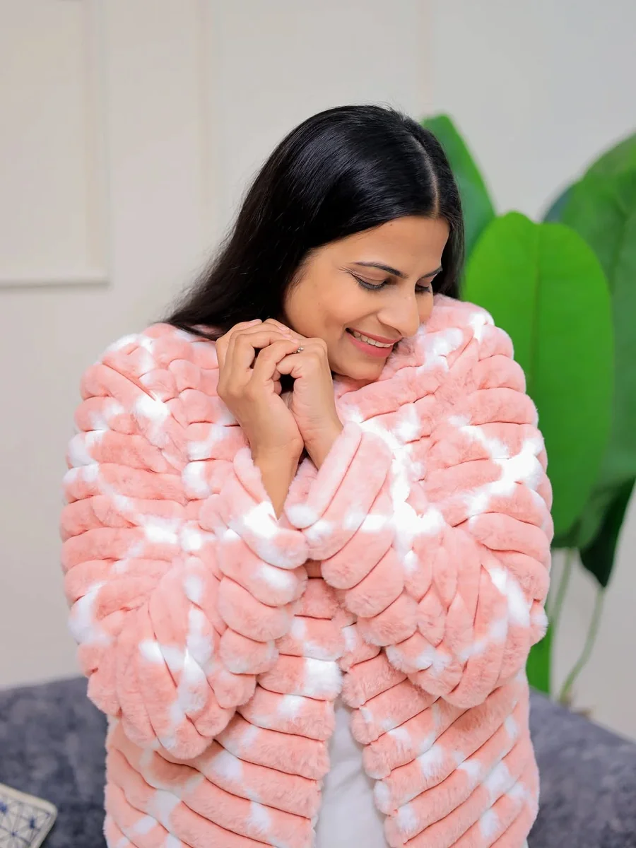 Cozy Up in a Pink Faux-Fur Hug on a petite woman