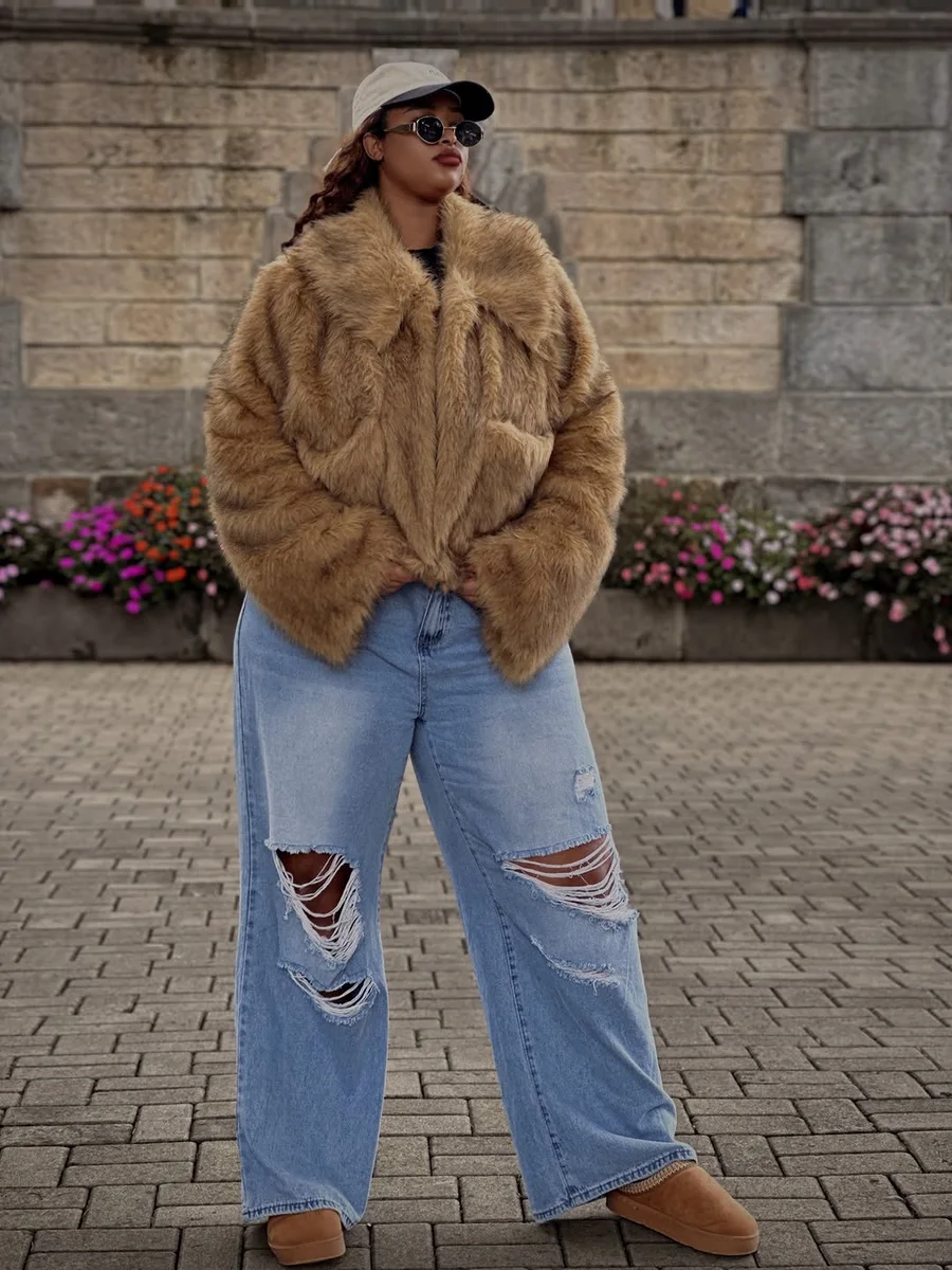 Cropped Faux Fur Over Ripped Wide-Legs on a petite woman