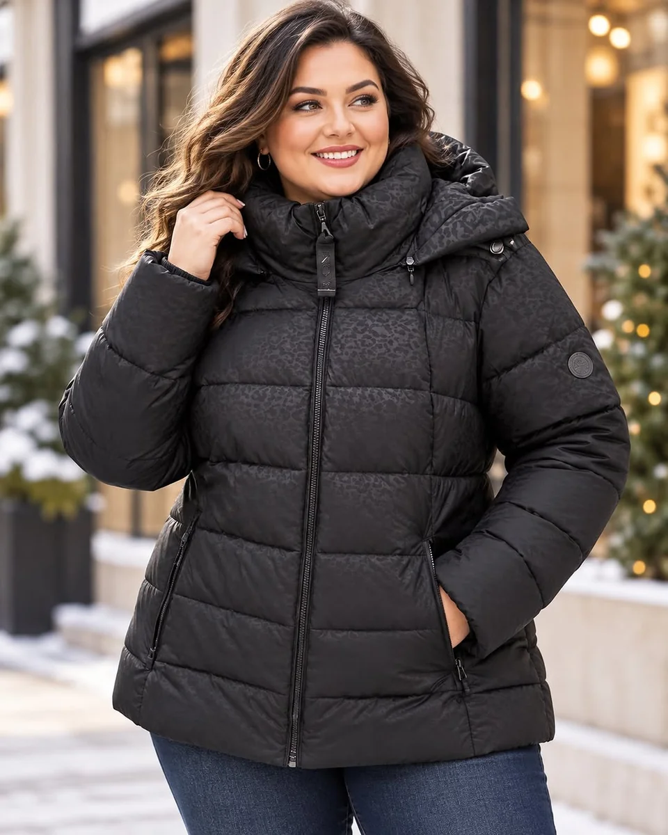 A Black Puffer With a Secret Print on a petite woman