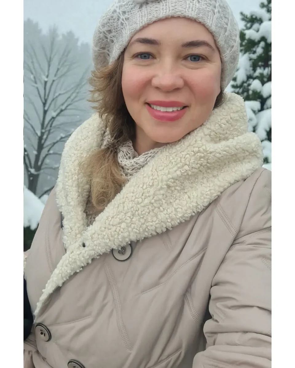 Finish With Cozy Accessories on a petite woman