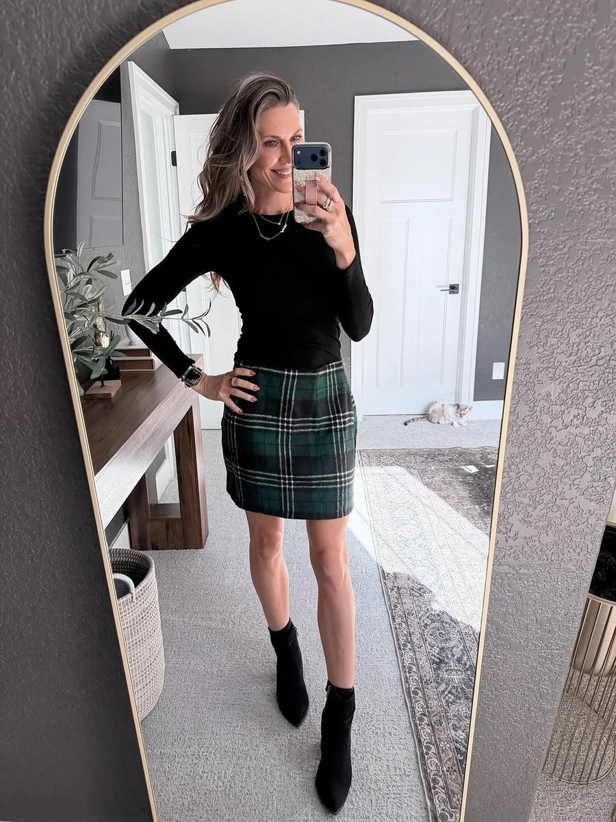 A Plaid Mini Skirt That Stays Office Appropriate on a petite woman