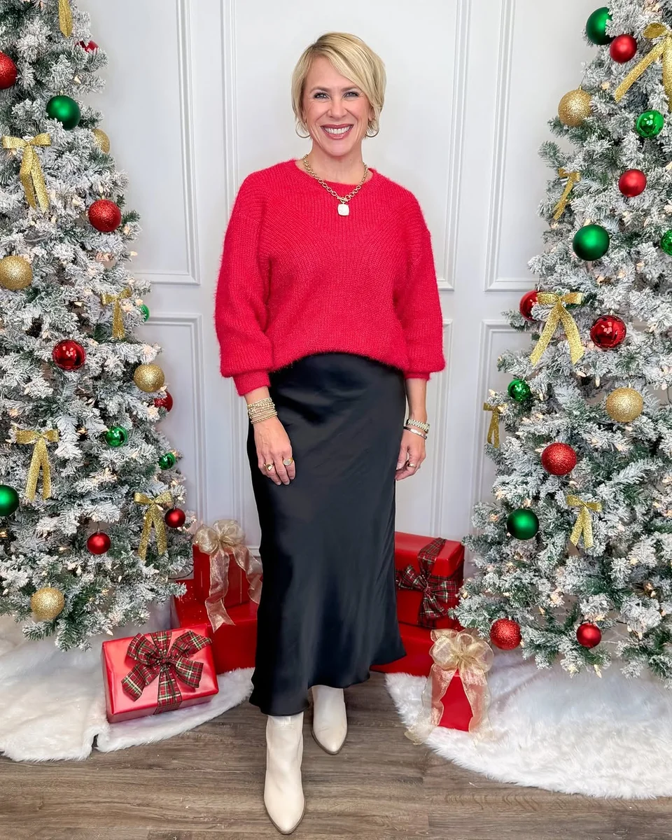 The Sweater and Satin Skirt Formula on a petite woman