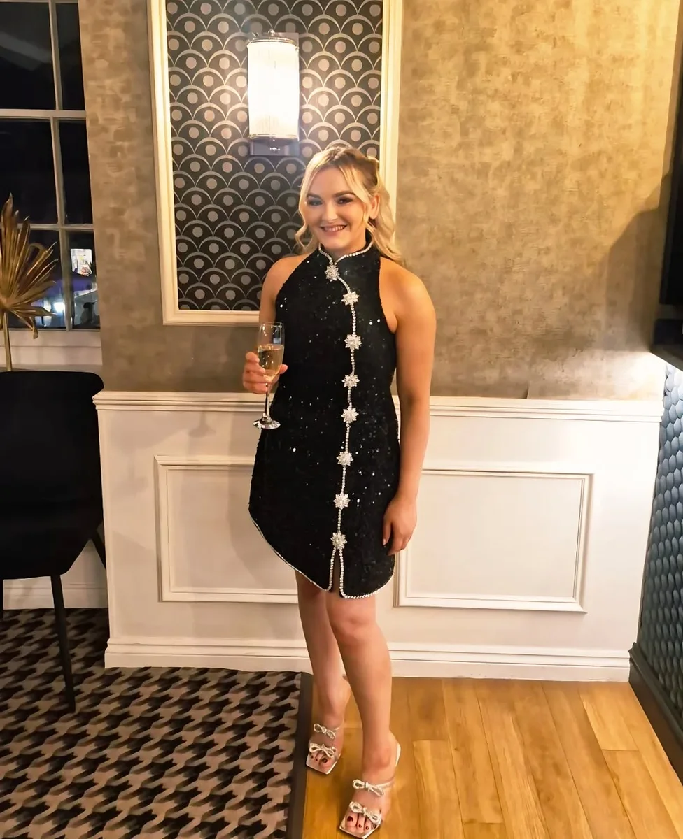 Pearl Buttons on a Sequin Mini on a petite woman