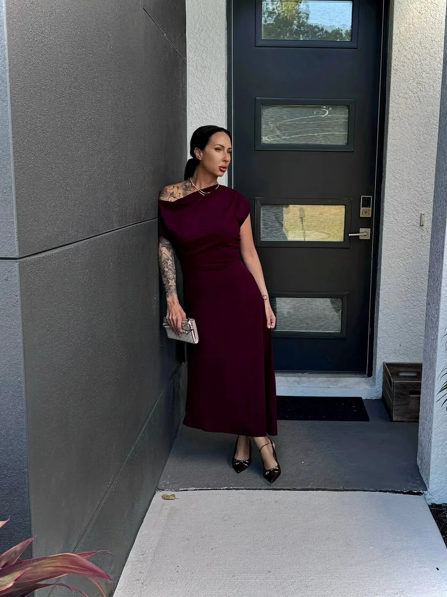 One Shoulder in Burgundy, Doorway Approved on a petite woman
