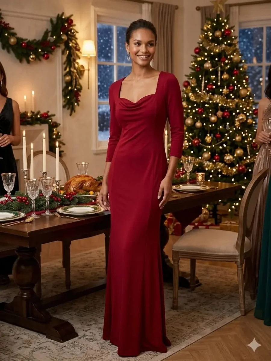 A Cowl-Neck Red Maxi for the Main Table on a petite woman