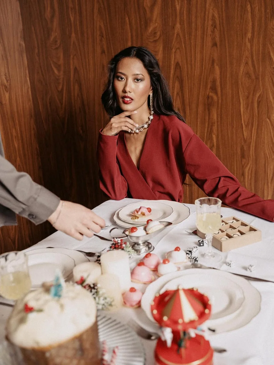 A Brick-Red Wrap Top for the Dessert Course on a petite woman