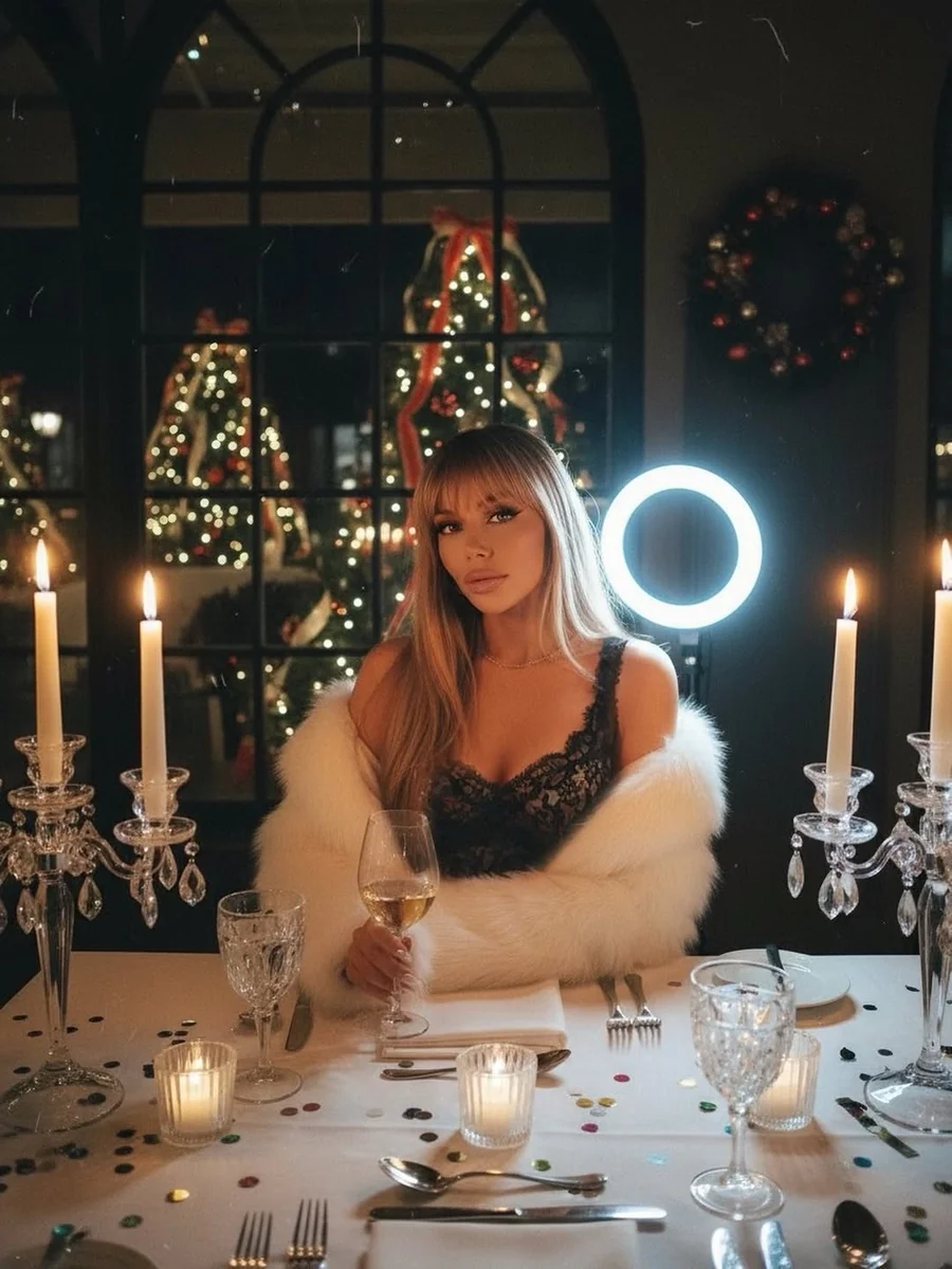Black Lace and a White Fur Stole by Candlelight on a petite woman