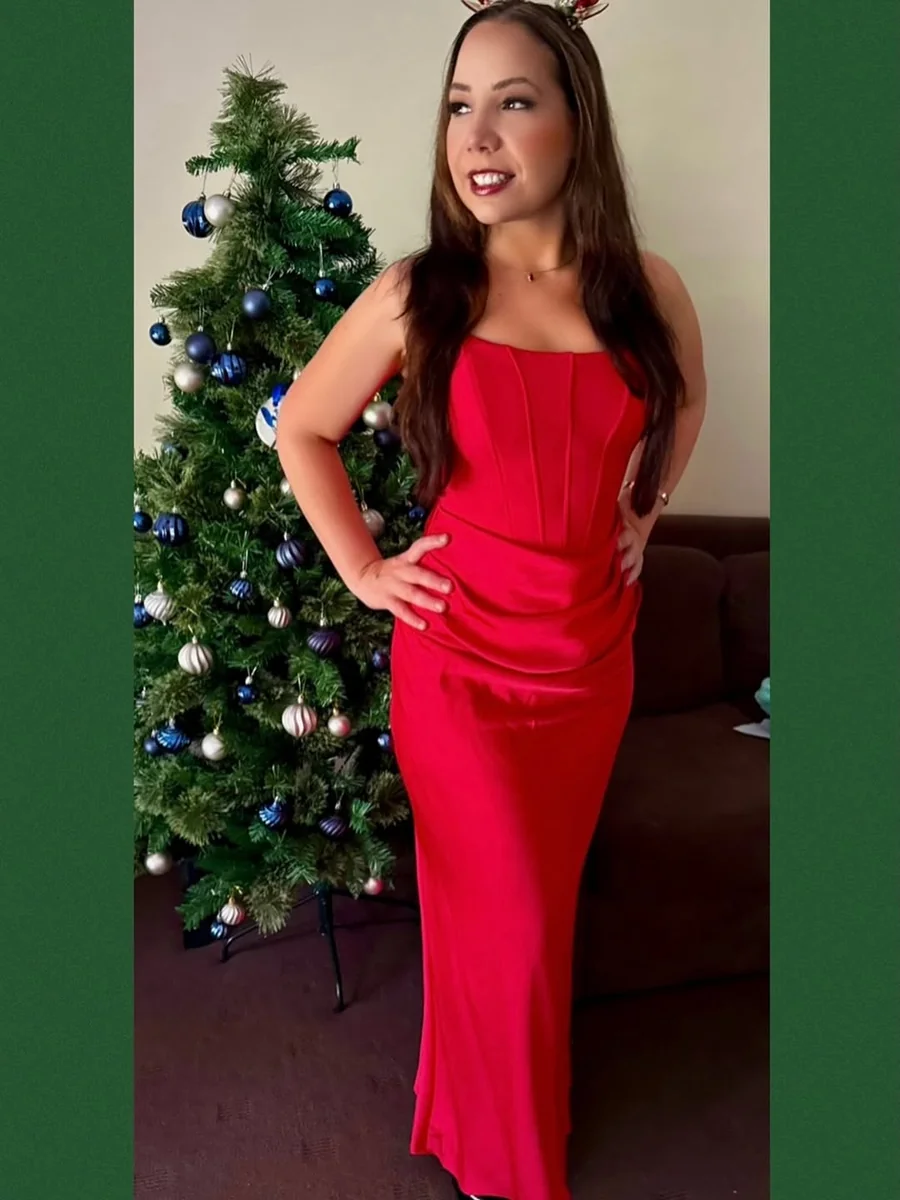 A Strapless Red Corset Maxi, Pure Drama on a petite woman