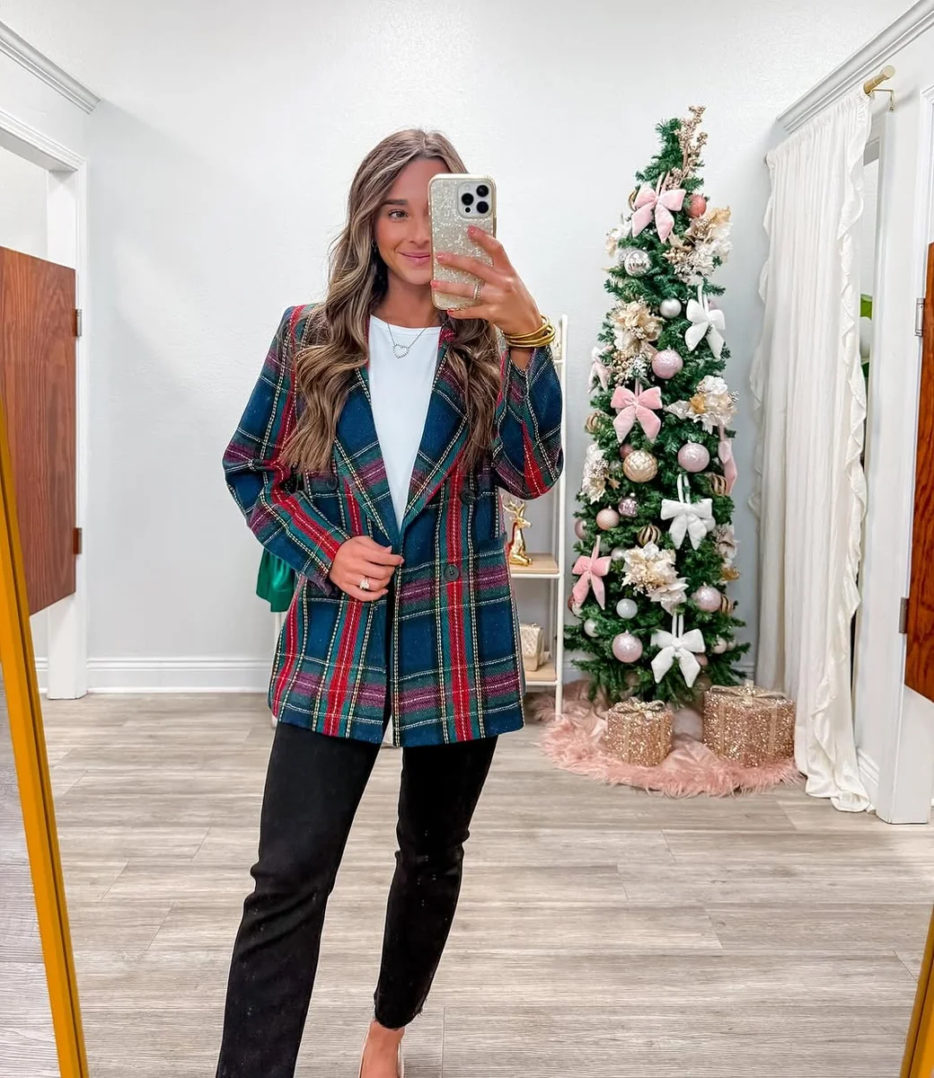 Plaid Blazer: Festive Without a Costume on a petite woman