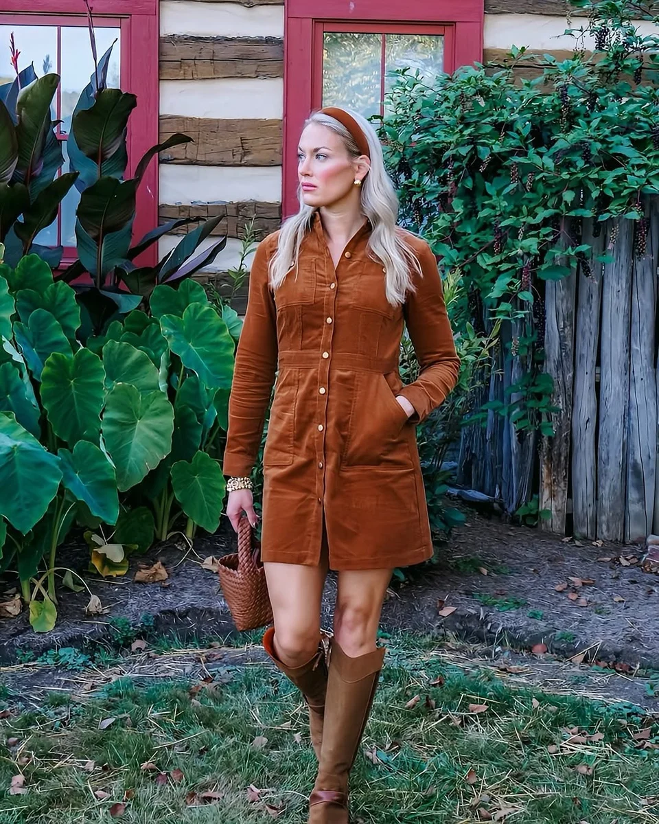 The Rust Corduroy Shirt Dress on a petite woman
