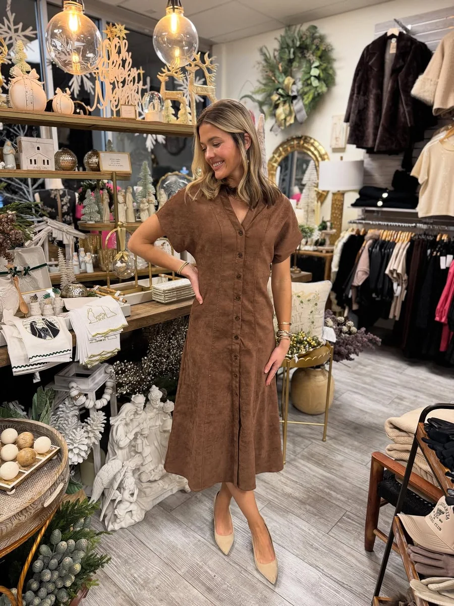 Corduroy, But Make It a Midi on a petite woman