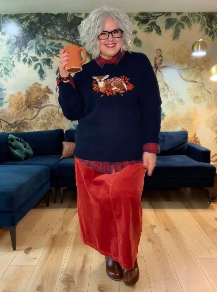 The Embroidered Sweater, Thanksgiving-Ready on a petite woman