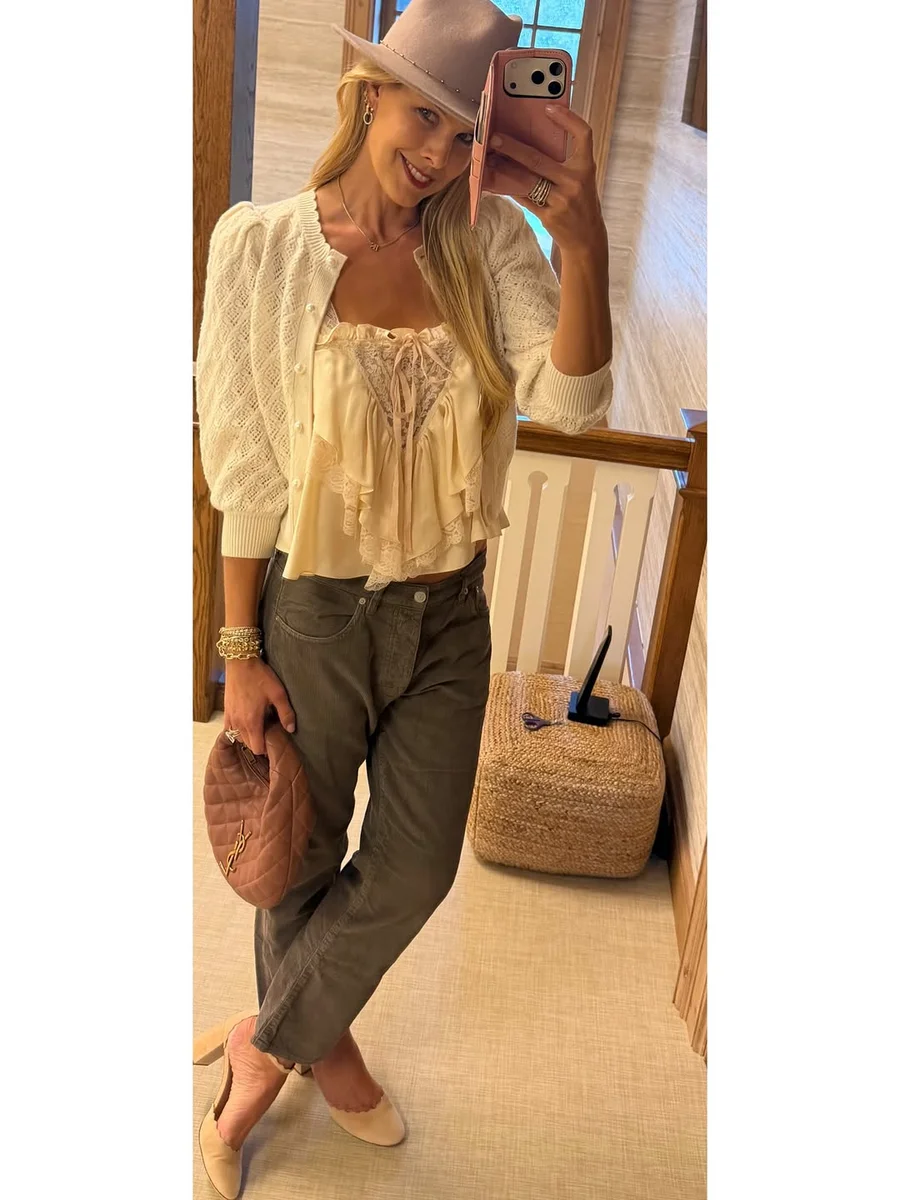 Cream Ruffles and Olive Wide Legs on a petite woman