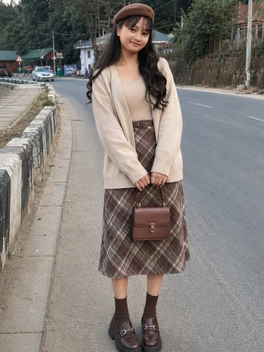 Cardigan, Plaid, and a Beret on a petite woman