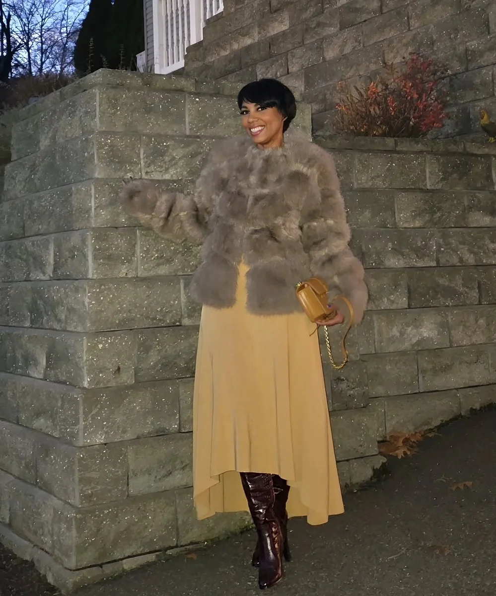 Faux Fur Over Mustard Pleats on a petite woman