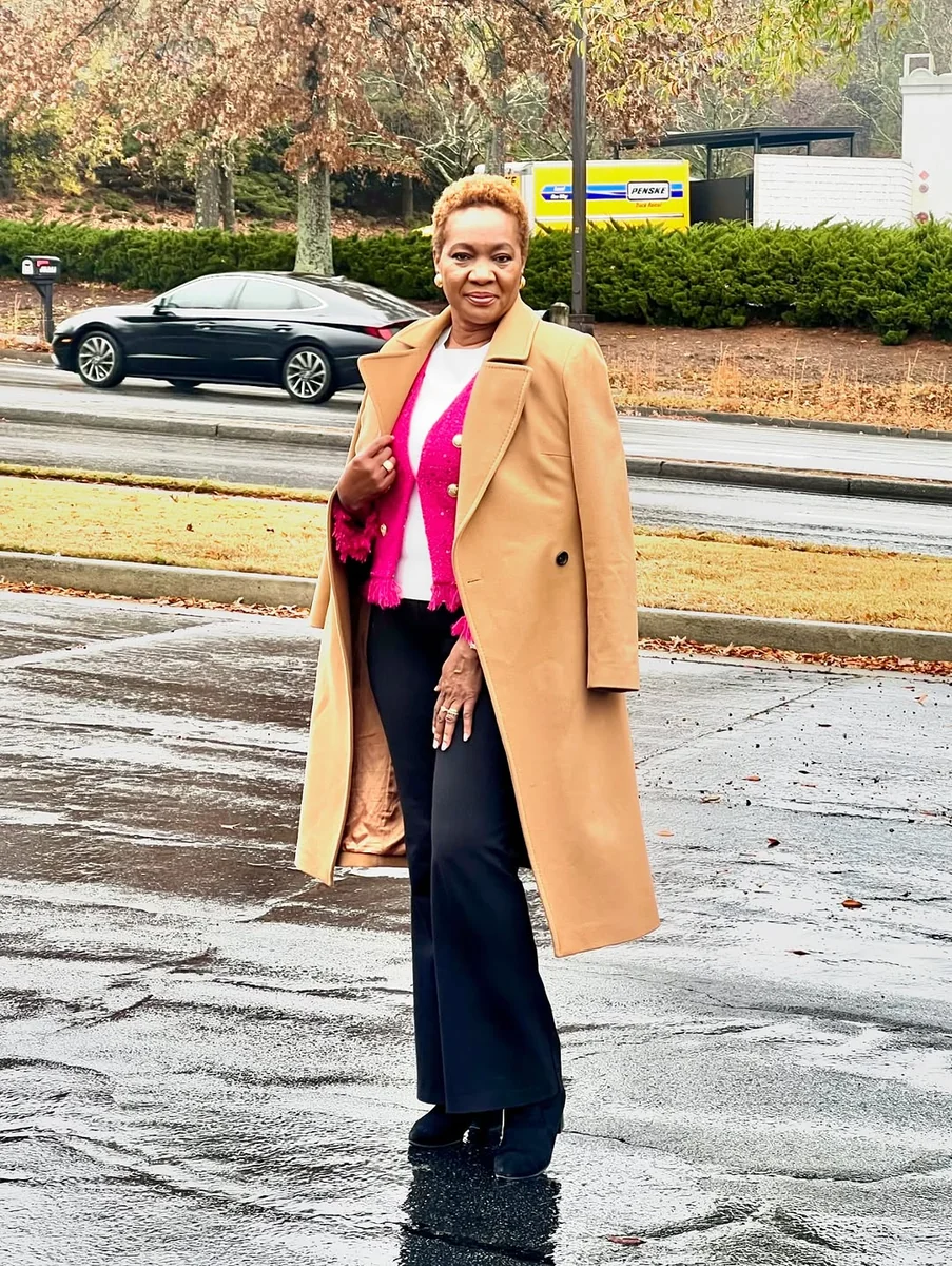 Camel Coat, Hot Pink Secret on a petite woman